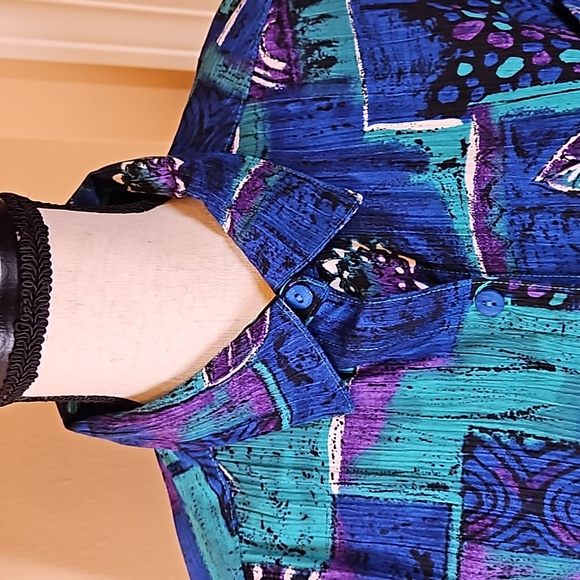 VINTAGE ALFRED DUNNER BLOUSE TOP BUTTON DOWN BLUE PURPLE 16 PALM LEAVES RETRO - Picture 2 of 8